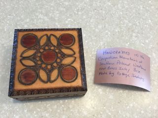 Vintage Wooden Trinket Box Made In Poland; Hinged Carved Brass Inlay