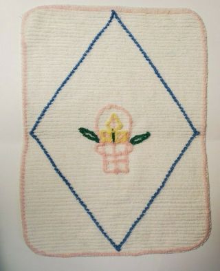 Vintage White Chenille Baby Doll Crib Blanket Coverlet Basket Pink Blue 15 X 20