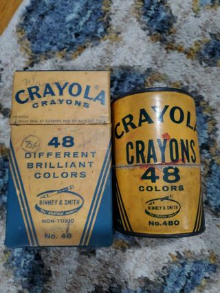Vintage Crayola Crayons Binney And Smith Pack Of 48 And Empty Round Box