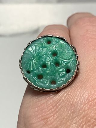Antique Chinese China Sterling Silver Carved Jade Peking Glass Ring