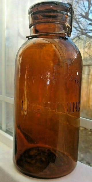 Antique Trademark Lightning Putnam Amber 1/2 Gal Jar/w/embossed Lid Jan 5 75