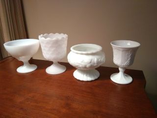 4 Vintage White Milk Glass Goblets/based Bowl