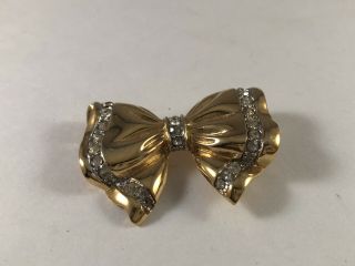 Vintage Signed Richelieu Rhinstone And Gold Tone Bow Pin Brooch