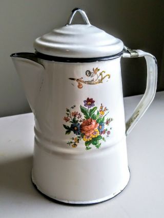 Vintage Small Enamelware Coffee Pot White Black Trim Floral Decor.  Cinsa Saltill