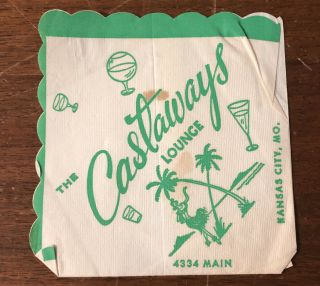Vintage Defunct The Castaways Lounge Beverage Napkin Kansas City Missouri