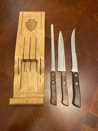 Vintage Ekco Flint Stainless Vanadium Knife Wood Wall Block Set W/ (3) Knives