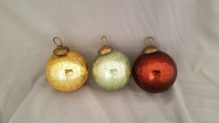 Vintage Heavy Crackle Glass Kugel - Type Christmas Ornaments 3 " Gold Green Red