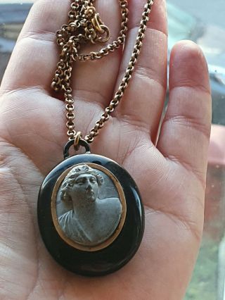Antique,  Victorian Lava Cameo,  Natural Seed Pearls & Whitby Jet Pendant