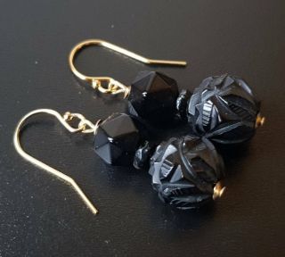Antique Victorian 14ct Rolled Gold Whitby Jet Drop Earrings