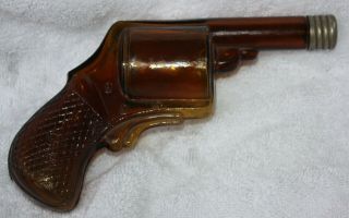 Circa 1890 Antique Amber Diamond Revolver Figural Gun Glass Whiskey Flask & Cap