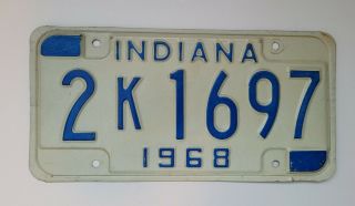 Vintage 1968 Indiana Auto License Plate - Number 2 K 1697 - Blue Letters On White