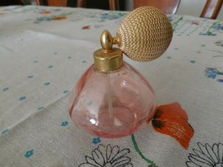 Vtg Pink Glass Perfume Bottle With Pump Bag