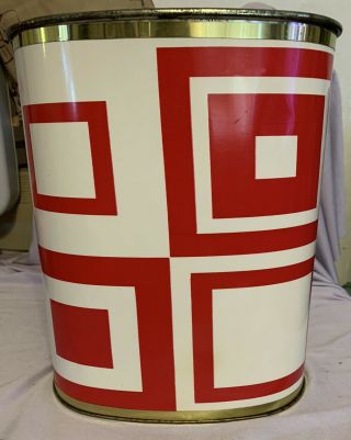 Vintage Retro Oval Metal Trash Can Red And White