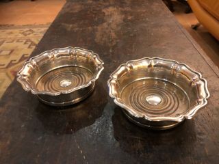 Pair C19th Sheffield Silver Plate On Copper Wine Coasters Mahogany Bases