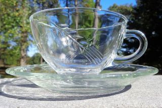 Sheaves Of Wheat Pattern Clear Glass Teacup & Saucer Set Hocking Fire King Vtg