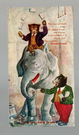 Vintage Cracker Jack Bears Postcard Riding Elephant Unmailed Ad On Back