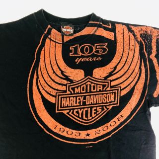 Harley Davidson Mens T - Shirt Large Black 105th Anniversary Orange 2008 Cotton