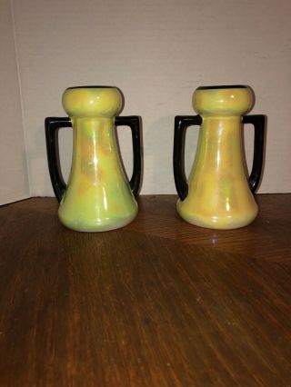 Vtg Pair Yellow Black Luster - Ware Czecho Lustreware Art Deco Vases Decorative