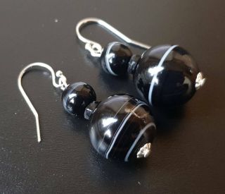Antique Victorian Sterling Silver Banded Agate Drop Earrings