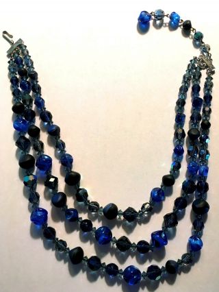Vintage Signed Hattie Carnegie Blue Black 3 Strand Faceted Bead Necklace