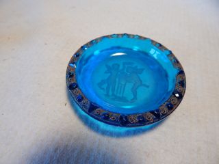 Vtg 1920s 30s Blue Glass Butter Pat 23/4 Across Etched Two Angels