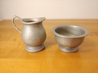 Vintage Solid Pewter Open Sugar Bowl And Creamer