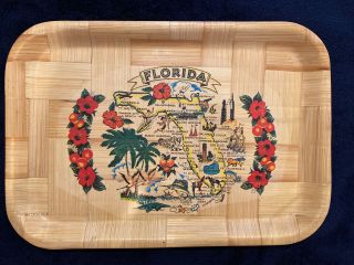 Vintage Florida Souvenir Bamboo Serving Tray Map Travel Attractions 14” X 9.  75”