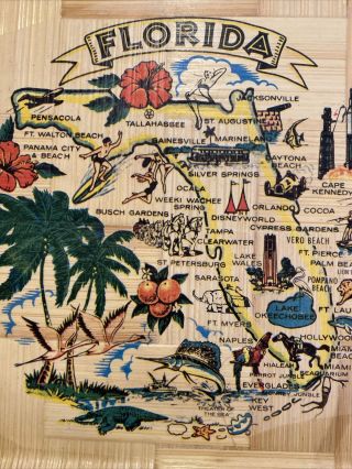 Vintage Florida Souvenir Bamboo Serving Tray Map Travel Attractions 14” X 9.  75” 2