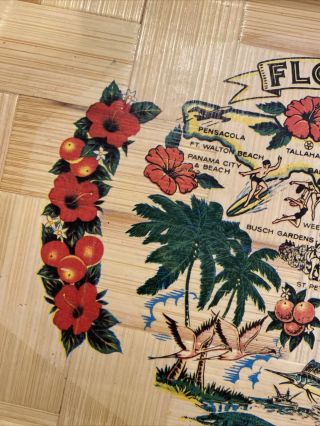 Vintage Florida Souvenir Bamboo Serving Tray Map Travel Attractions 14” X 9.  75” 3
