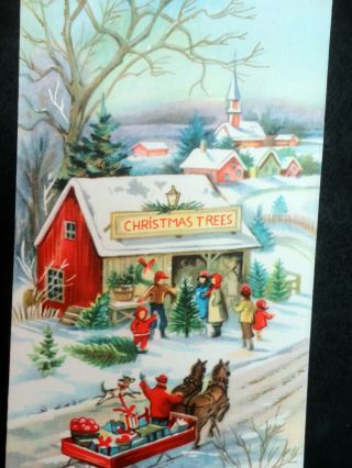 Vintage Christmas Card Family People Tree Shopping Snow Children Dog Town