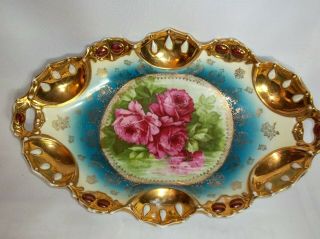 Large 14” Ornate Vintage Antique Porcelain Blue & Gold Rose Oval Serving Bowl