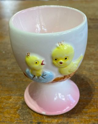 Vintage Hen And Chick Egg Cup Japan Pink & Blue With Sticker