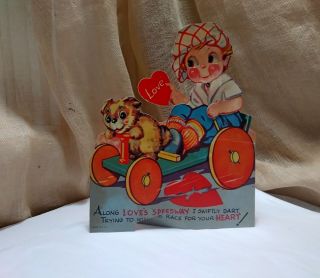 Vintage Valentine Mechanical Googly - Eyed Girl In Wooden Car,  Eyes & Arms Move