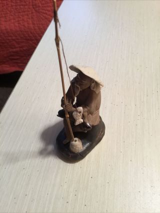 Vintage Chinese Shiwan Mudman Ceramic Figurine Old Fisherman With Fishing Pole