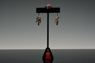 Antique Chinese Red Coral White Gold Buddha Pendant Earrings Ring Set