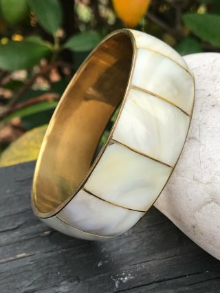 Vintage Brass & Mother Of Pearl Inlaid Thick Bangle Bracelet