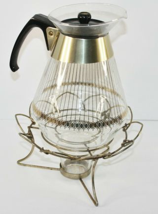 Vintage Mid Century Pyrex 8 Cup Glass Coffee Carafe W/ Gold Lines Warming Stand