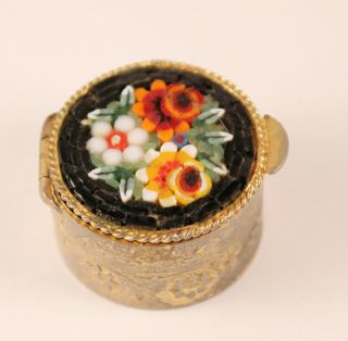 Vintage Micro Mosaic Inlaid Floral Embossed Millefiori Oval Pill Box