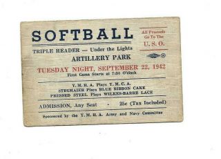1942 Ymha & Ymca Army And Navy Committee Softball Ticket