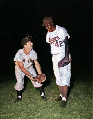 Rare Color Still Brooklyn Dodgers Jackie Robinson With Yankees Billy Martin