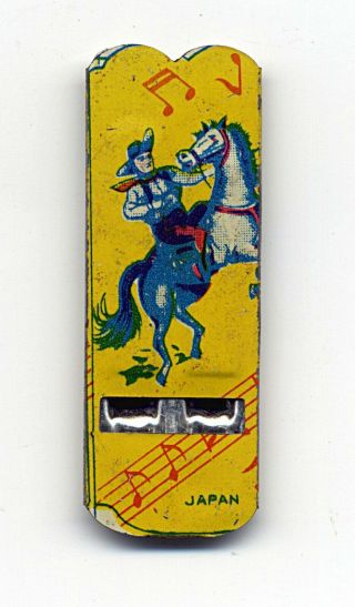 Vintage Tin Cowboy Whistle Mid - Century Made In Japan Yellow