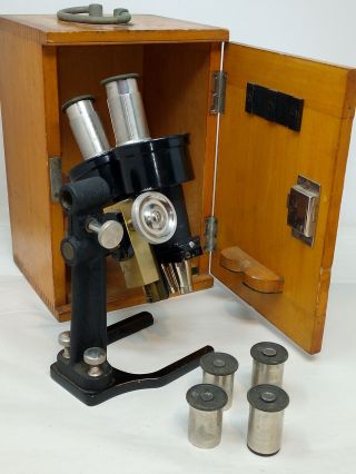 Vintage 1930s C Baker Binocular Microscope Boxed With Presentation Plaque