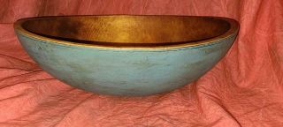 Large Primitive Turned Wooden Bowl In Blue Paint
