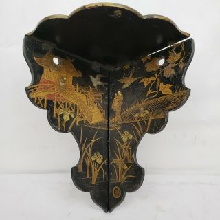 Antique Japanese Black Lacquer Hand Painted Folding Shelf - 19th Century