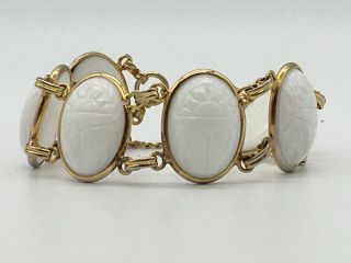 Vintage White Glass Scarab Beetle Gold Tone Linked Bracelet With Safety Chain