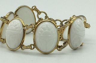 Vintage White Glass Scarab Beetle Gold Tone Linked Bracelet With Safety Chain 2