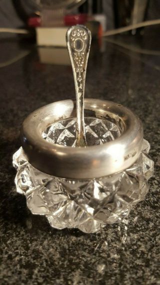 Vintage Russian Soviet 875 Silver Rim Crystal Glass Salt Cellar With Spoon