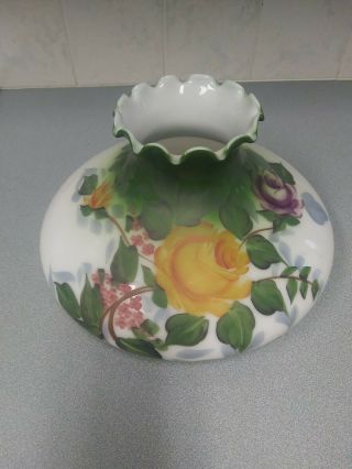 Antique Vintage Hand Painted Glass Hurricane Lamp Shade.  Floral Approx 10 "