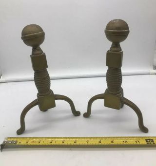 Pair Small Antique Federal Brass Fireplace Andirons Fire Dogs Ball Top Boston