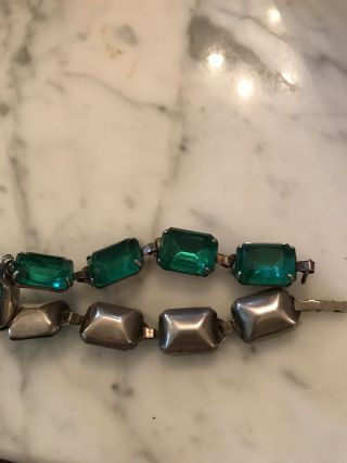 Antique Emerald Bracelet On Sterling Silver Setting.  7 “,  9 Stones 1/2” X 2/3”